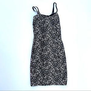 Easel Floral Lace Black and Beige Bodycon Mini Dress, S